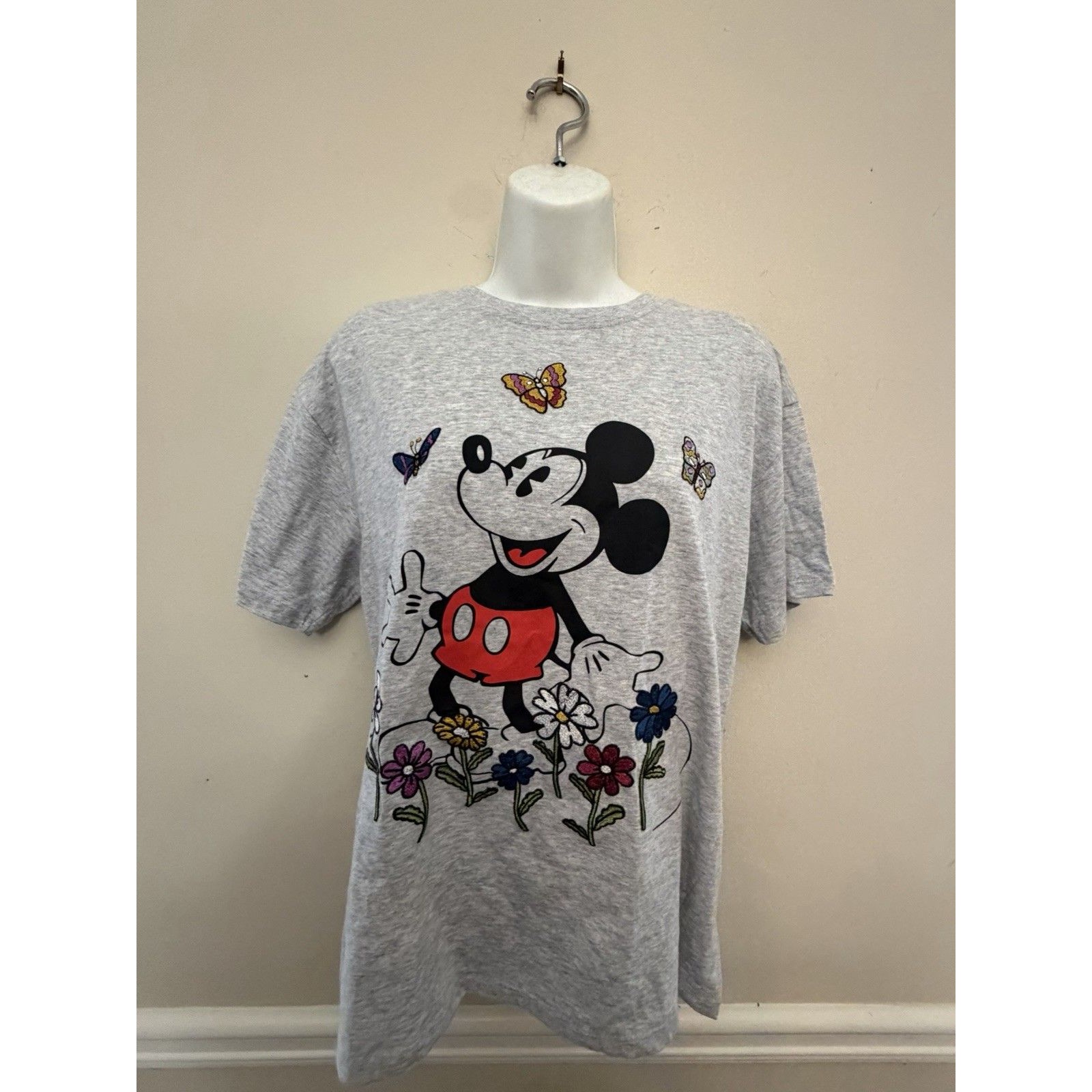 Disney Mickey Mouse Licensed Ladies Character Tee Embroidery Gray Size Medium M